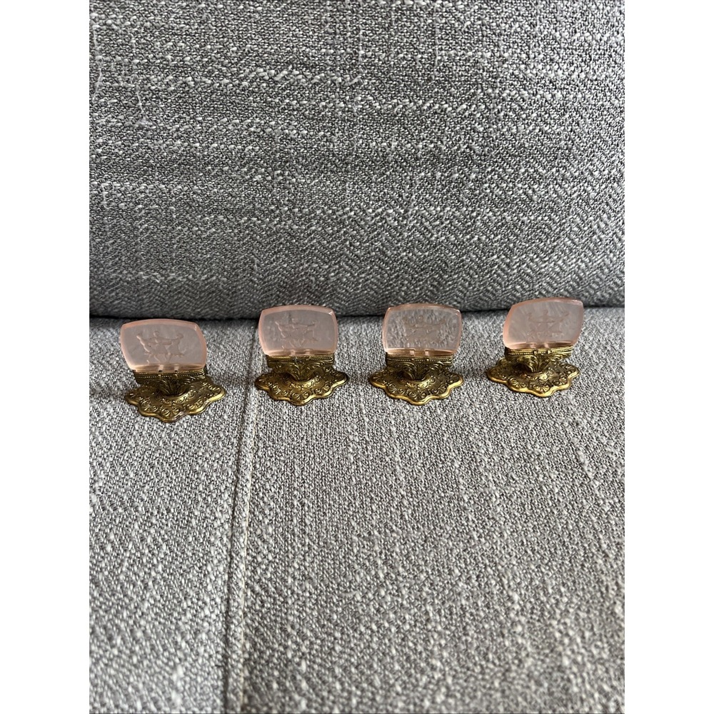 Art Nouveau Czech Pink Intaglio Glass Ornate Brass Stands Place Card-Set of 4
